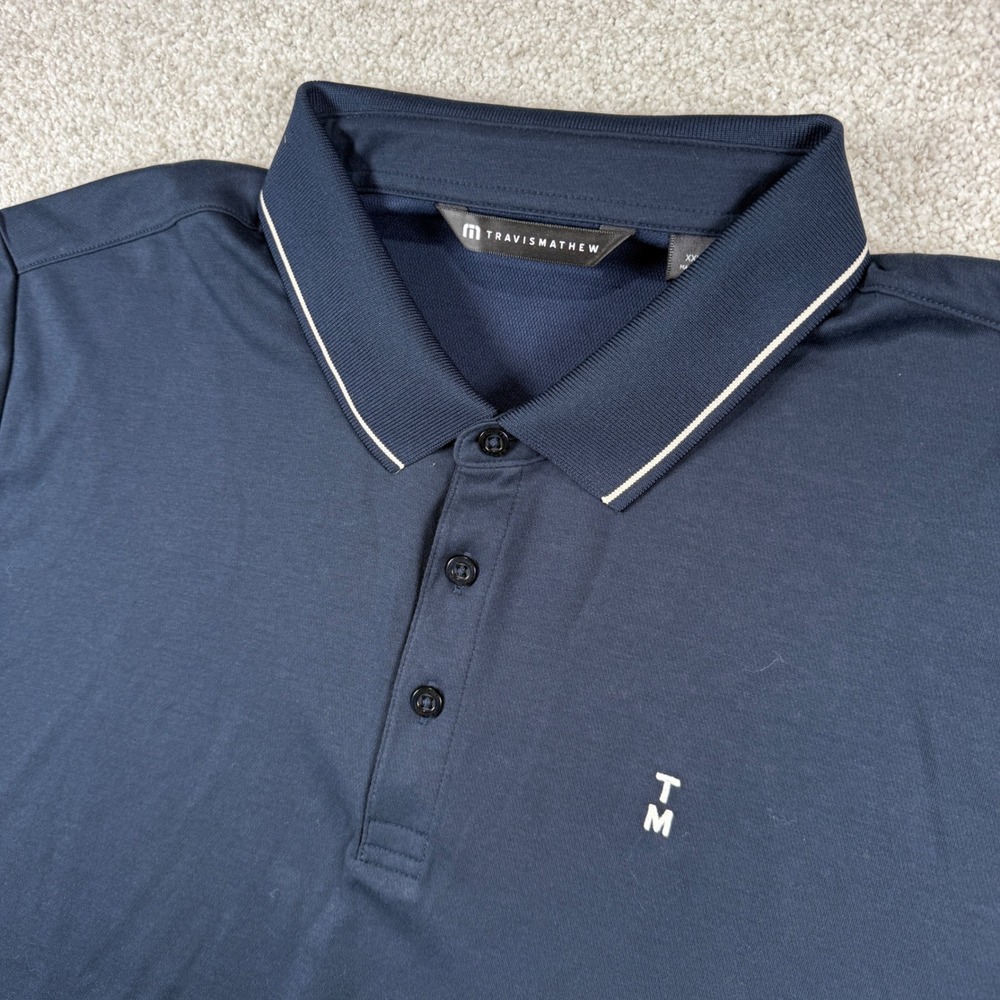 TravisMathew Polo Shirt Men XXL Navy Blue Short Sleeve‎ Tipped Collar Logo